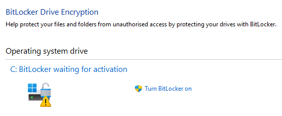 A screenshot of the Bitlocker Recovery screen showing an unencrypted drive