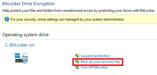 A screenshot of the Bitlocker panel with "Back Up Your Recovery Key" highlighed