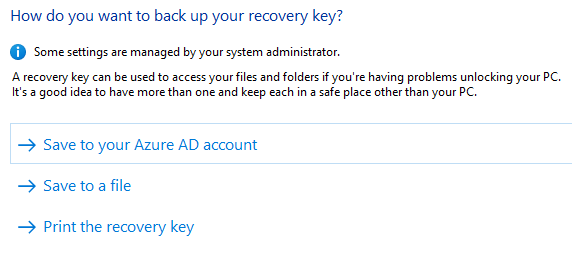 A screenshot of the Bitlocker recovery key backup options