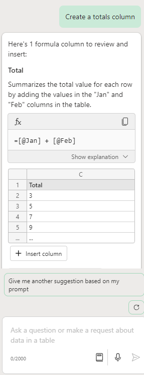 A screenshot showing Copilot being asked to add a totals column