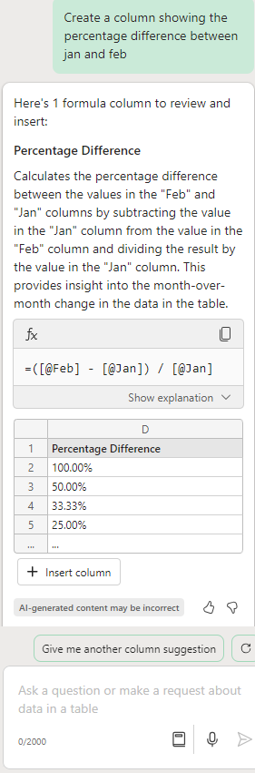 A screenshot asking Copilot to create a column showing percentage difference between January and February