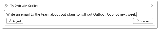 Screenshot of the "Draft an email" Copilot panel in Outlook