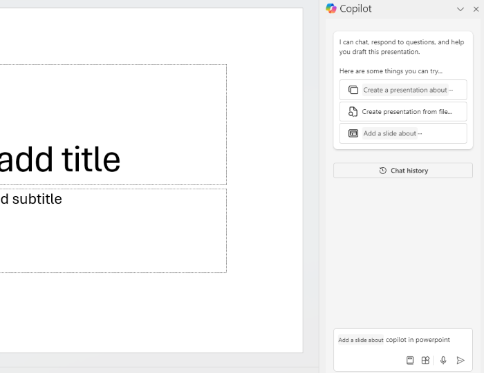 A screenshot of Microsoft Powerpoint with a copilot request to add a slide about Copilot in Powerpoint