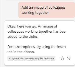 A screenshot of Microsoft Powerpoint with a prompt to add and image of colleagues working together