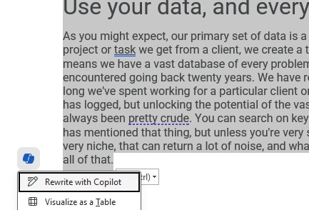 A screenshot of some text from one of last month's blogs selected and "Rewrite with Copilot" highlighted