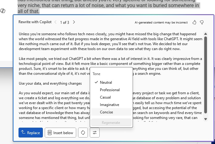 A screenshot of the rewrite text generated by Copilot