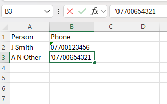 A screenshot of a simple Excel spreadsheet with a "Name" column and "Phone" column with some dummy data