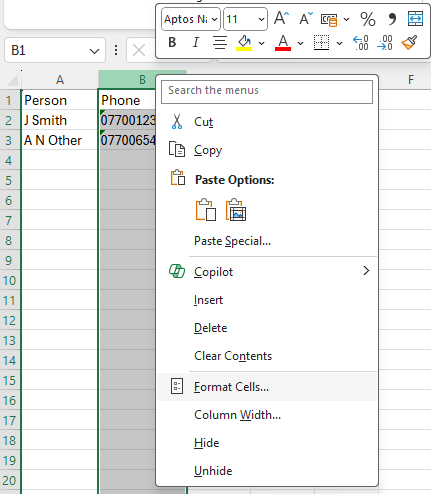 A screenshot of the Excel right click menu with "Format Cells" highlighted